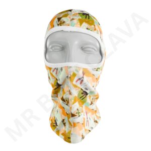 Printed microfiber balaclava with multicolor abstract pattern and white trim