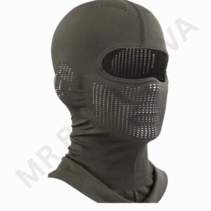 Dark olive balaclava with a mesh-covered mouth and eye opening, full-coverage hood with knit neck.