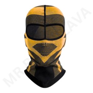 Balaclava with orange and black sublimated design for motorcycle riding.