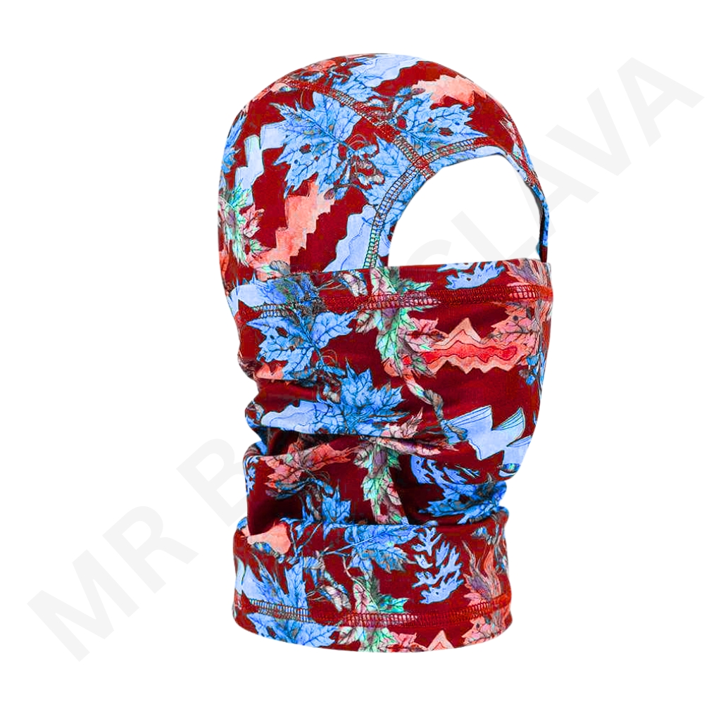 Nylon printed balaclava with a bold red and blue tropical leaf pattern.