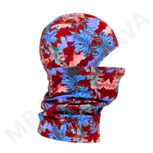 Nylon printed balaclava with a bold red and blue tropical leaf pattern.