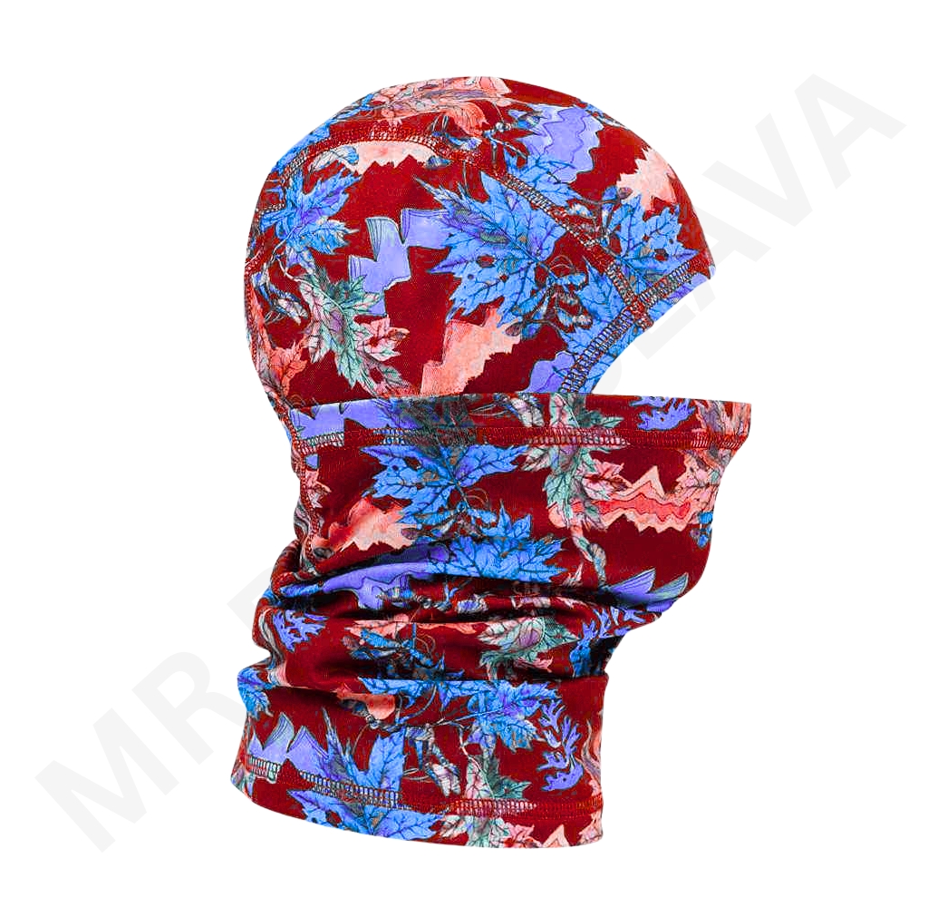 Nylon printed balaclava with a bold red and blue tropical leaf pattern.