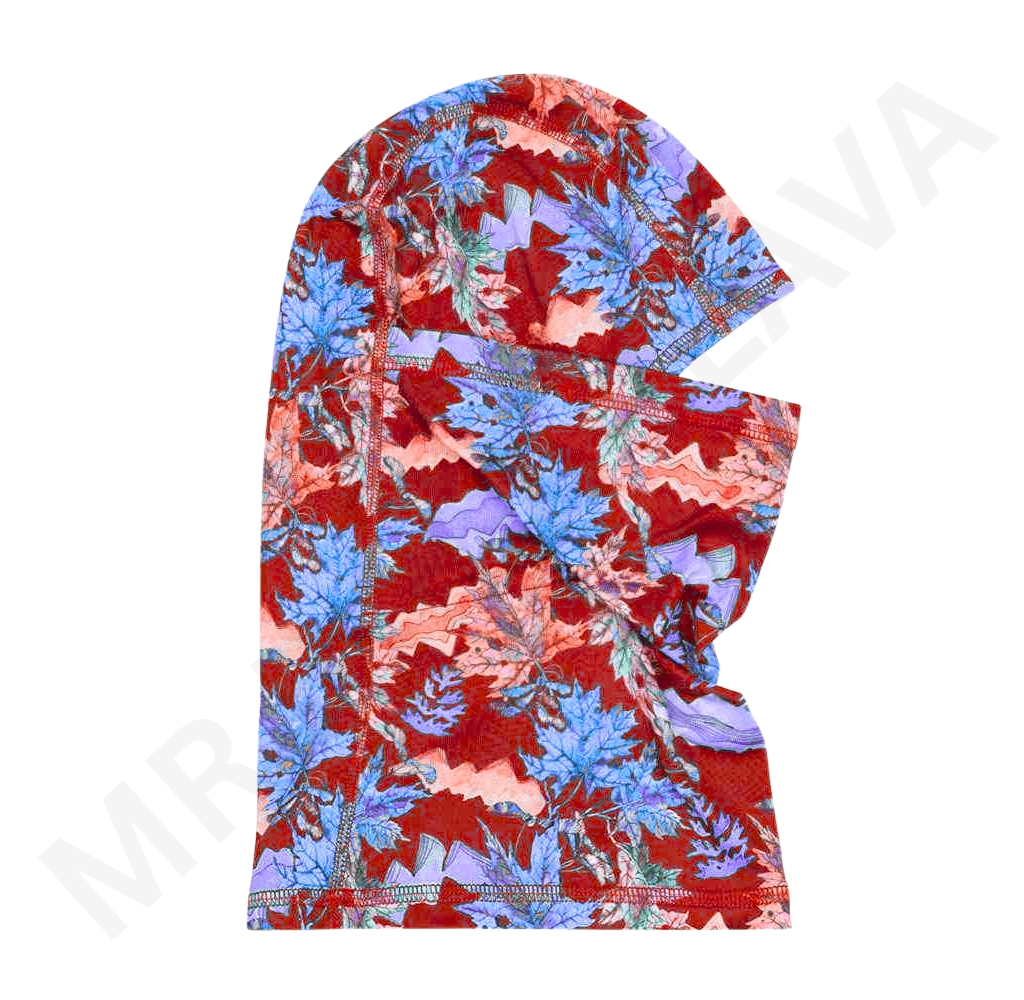 Nylon printed balaclava with bold red and blue tropical leaf pattern.
