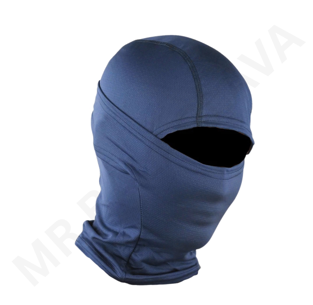 Blue balaclava-style ski mask with eye opening, seamless stitching, and full-face coverage.