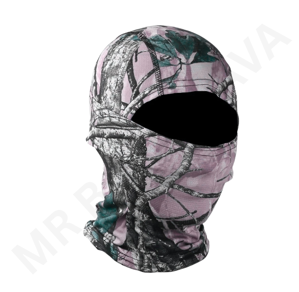 Pink and gray camouflage balaclava with a large eye-opening for full-face coverage.