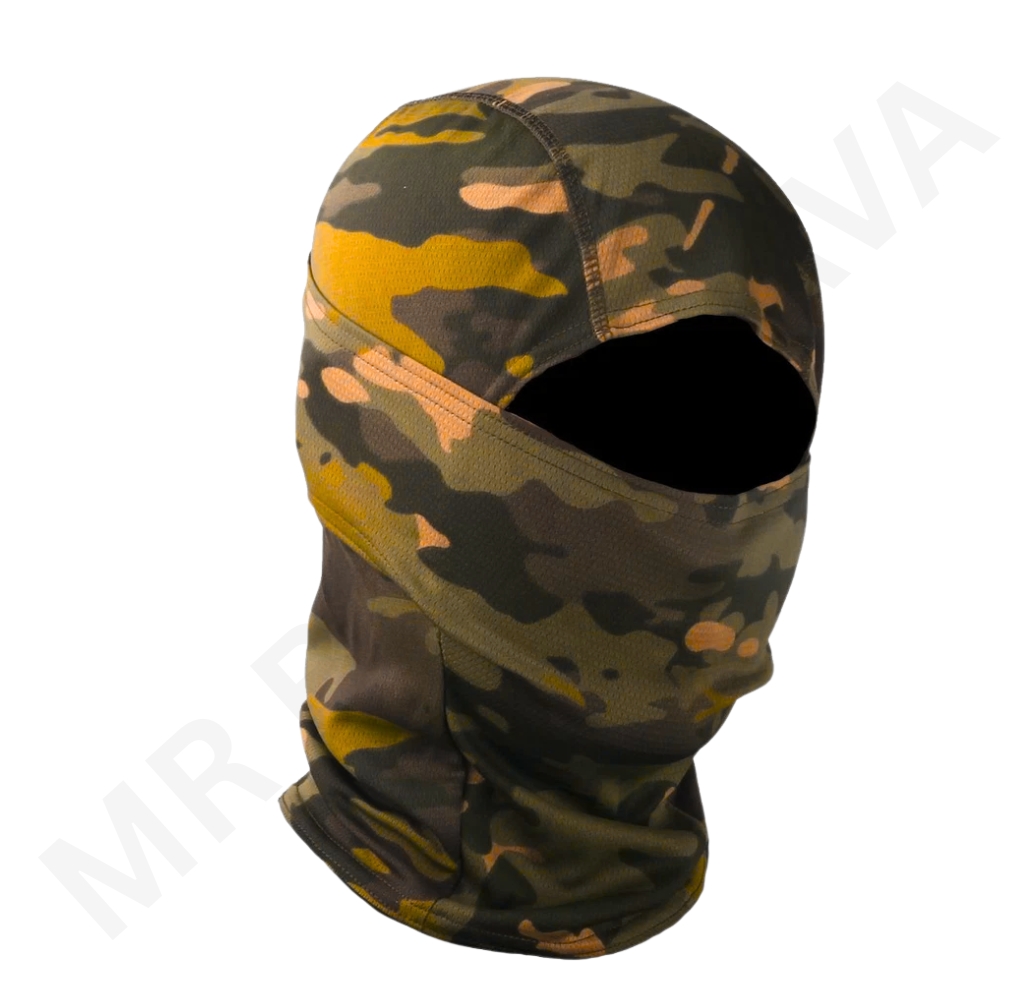 Camouflage balaclava with full-face opening in a woodland pattern.