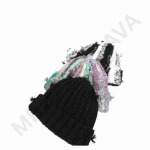 A group of knitted beanies stacked together, including a solid black beanie in the foreground and several colorful patterned beanies in pastel shades behind it.