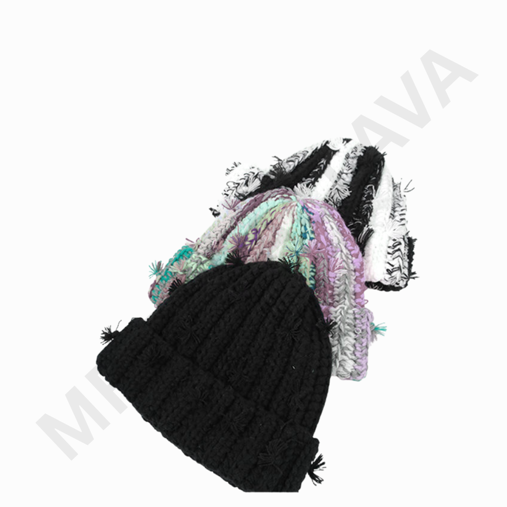 A group of knitted beanies stacked together, including a solid black beanie in the foreground and several colorful patterned beanies in pastel shades behind it.