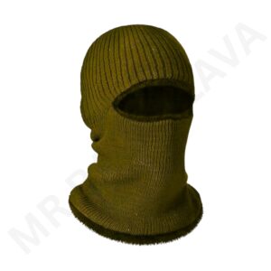 Olive green knit balaclava with a single eye opening and soft fur trim along the edges.