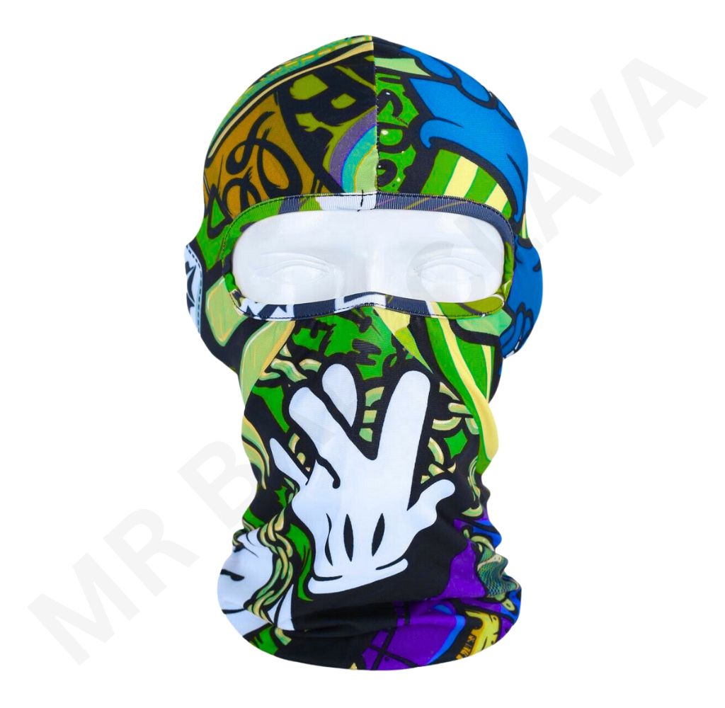 Vibrant graffiti-print balaclava with full-face coverage in green, blue, and yellow tones