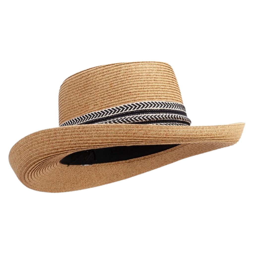 A lightweight straw hat with a wide brim and a decorative black-and-white braided band around the crown.