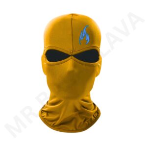 Yellow balaclava with black eye openings and a small blue flame logo on the forehead.