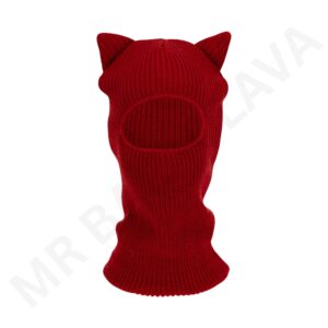 Red knit balaclava with cat-ear hood, back view.