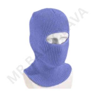Blue knit balaclava with a large eye-opening for the wearer's eyes, showing a ribbed knit texture.