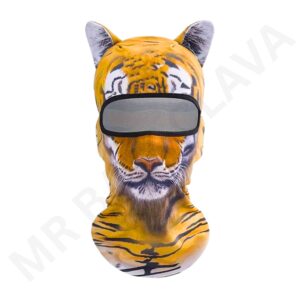 A tiger-print balaclava with a large gray mesh eye window and tiger ears.