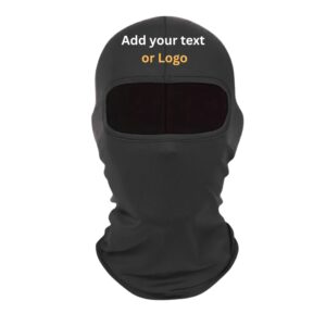 A plain black balaclava with a full-face opening and a printed area on the forehead labeled “Add your text or Logo.