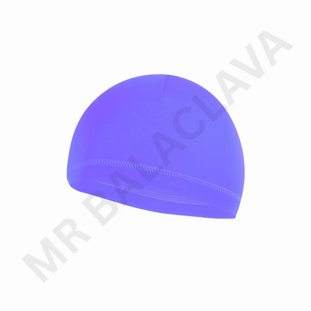 Solid violet swim cap style beanie with a smooth top and stitched edge, shown from a side angle.