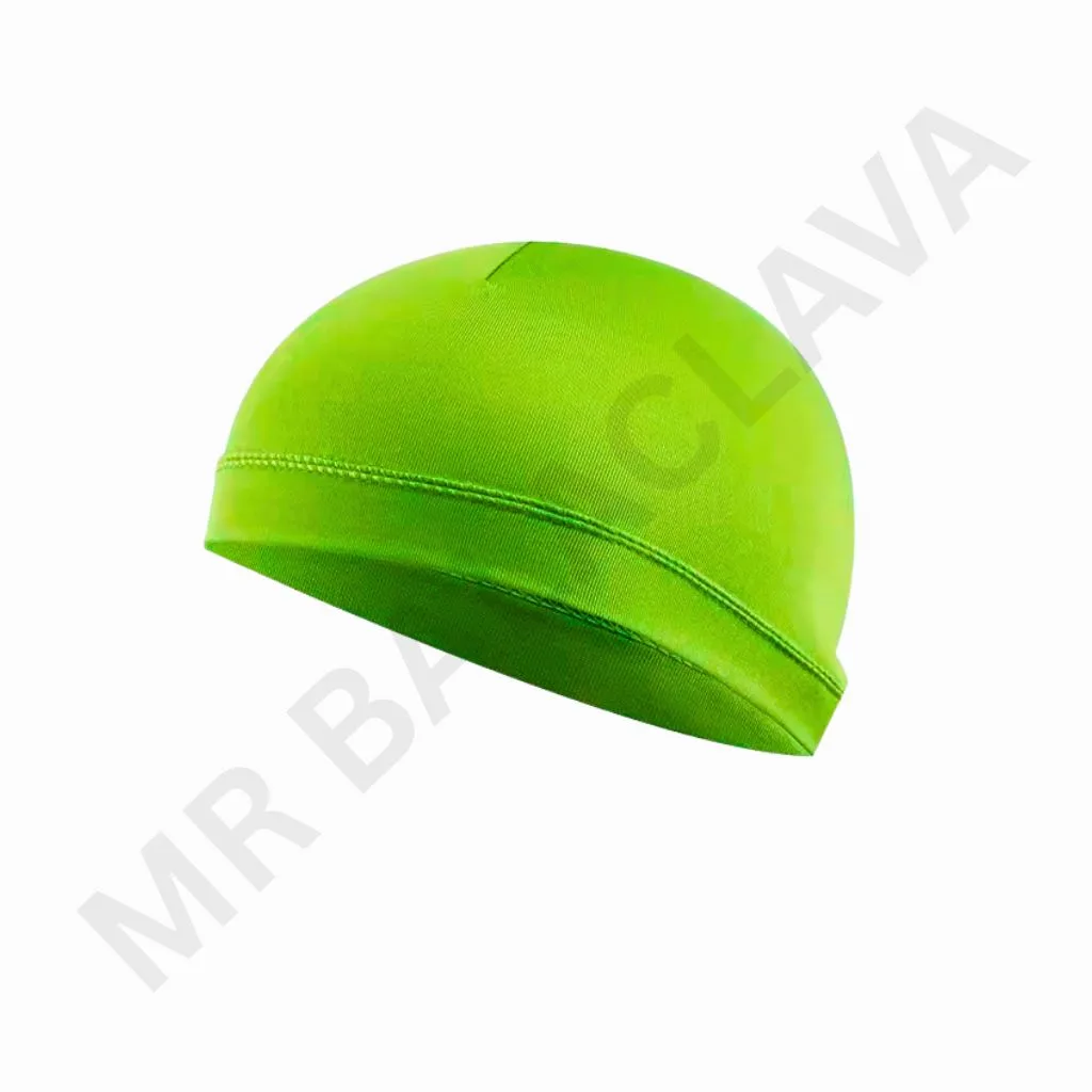 Bright lime-green swim cap-style beanie with a smooth top and a stitched band around the base, shown from a side angle.