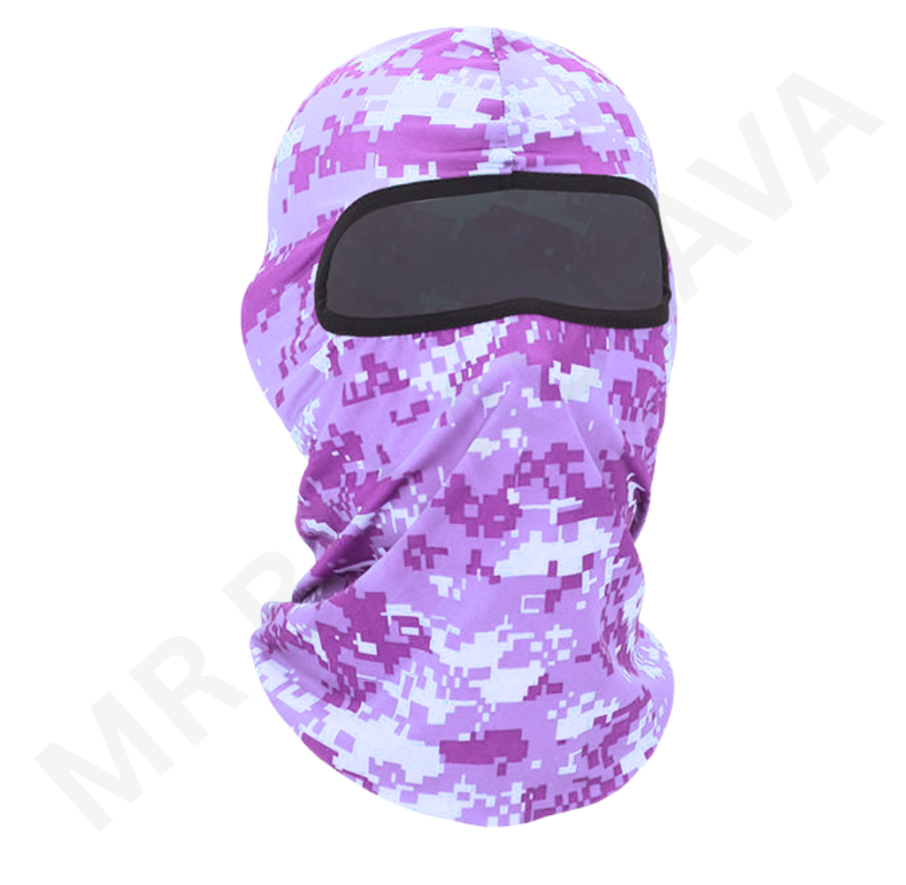 Purple and pink digital camouflage balaclava with a dark eye shield.