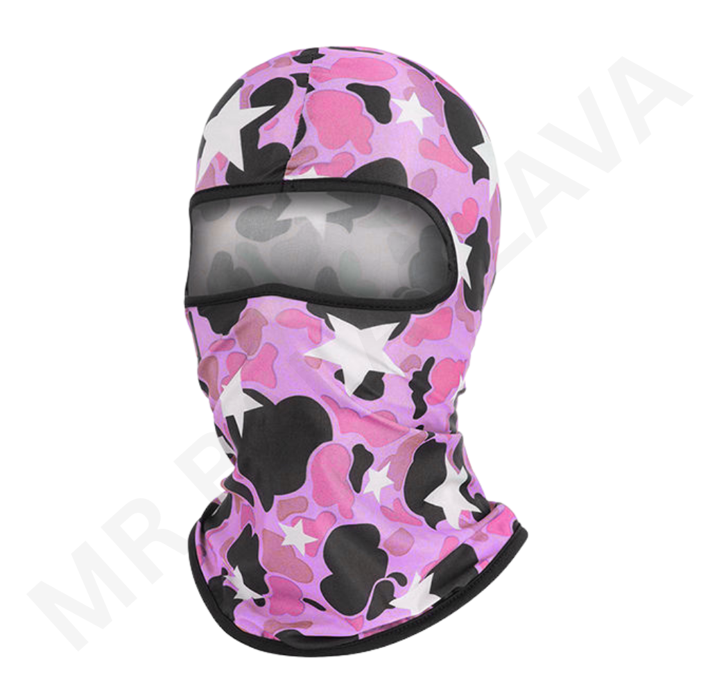 Pink camouflage balaclava with a clear eye window and black trim.