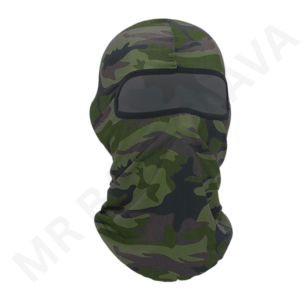 Green and brown camouflage balaclava with a dark transparent eye window.