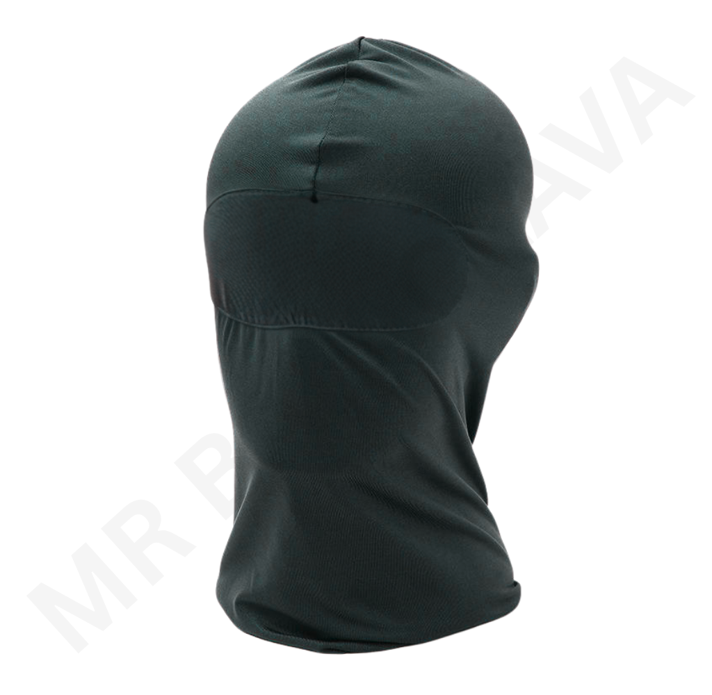 Dark green balaclava/face mask covering head and neck with no visible eye or mouth openings.
