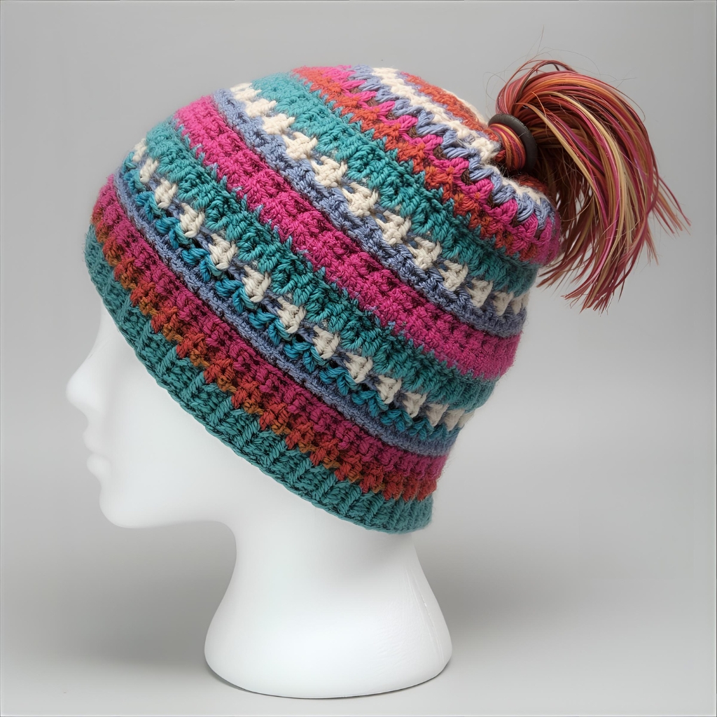 A colorful, striped knitted beanie with a ponytail opening and a multi-colored tassel on top.