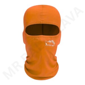 Orange full-face balaclava with a large eye opening and a small white logo on the chest area.
