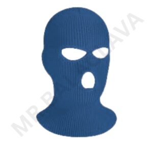 Blue knit balaclava with two eye openings and a large mouth hole, featuring a ribbed texture.