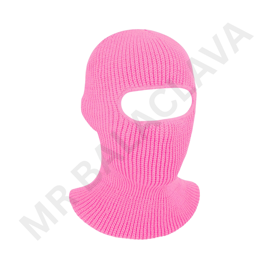 Bright pink knitted balaclava with a single eye opening, covering the head, neck, and lower face.