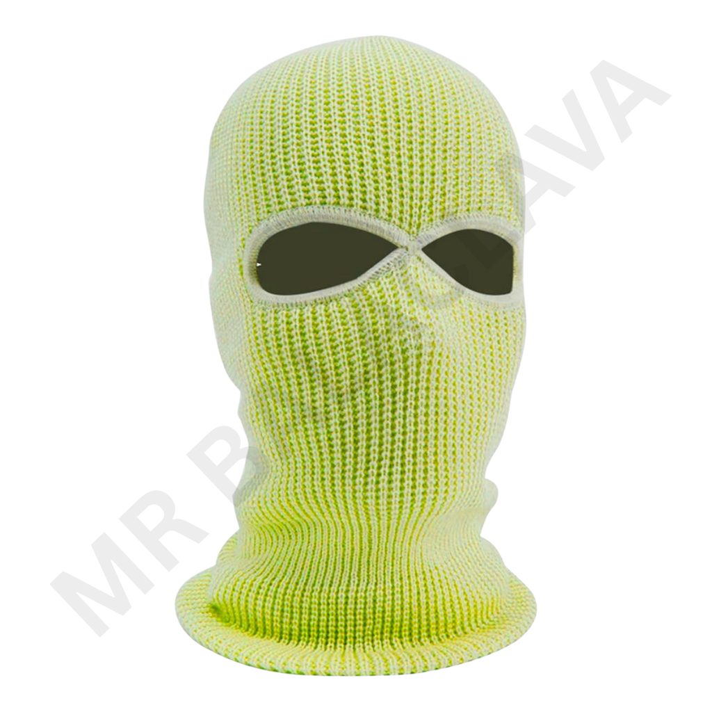 Neon yellow-green knitted balaclava with two eye openings, full head and neck coverage.