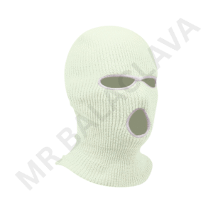 Light mint knitted balaclava with two eye openings and a mouth/vent hole, covering the head, neck, and lower face.