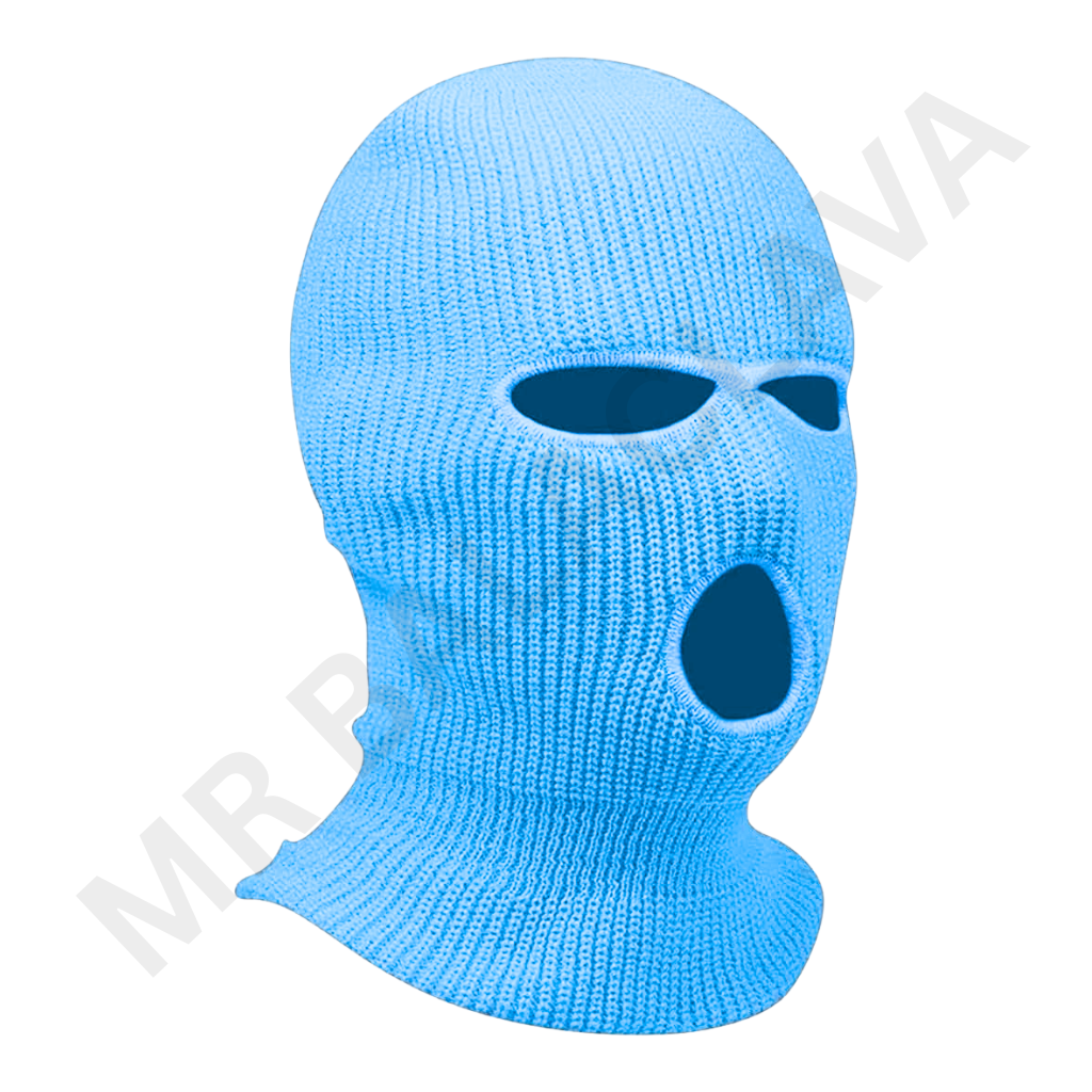 Bright blue knitted balaclava covering the head and neck with two eye openings and a large mouth/vent hole.