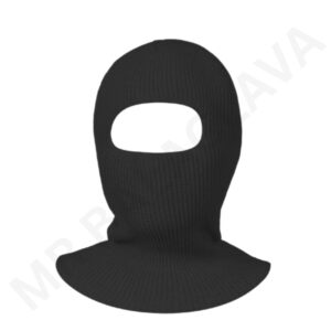 A black knitted balaclava with a large face opening.