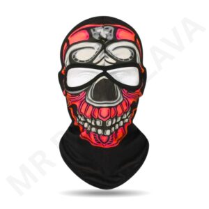 Black balaclava with a bright pink and white skull graphic on the face