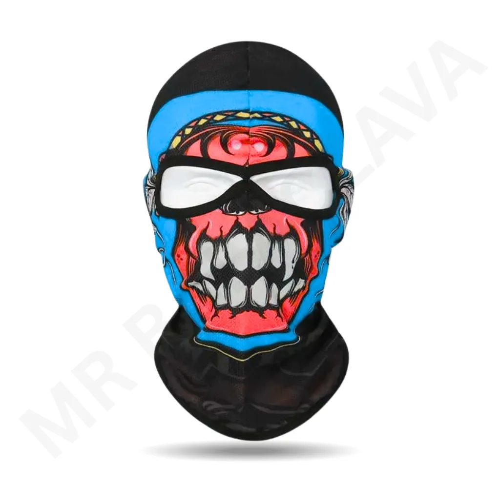 Black balaclava with a colorful skull graphic featuring white sunglasses and blue accents