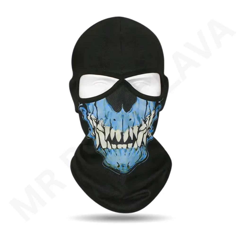 Black balaclava with a blue skull print across the face opening