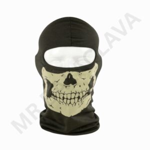 Black balaclava with a beige skull graphic across the lower face area, full head and neck coverage, eye opening at the top.