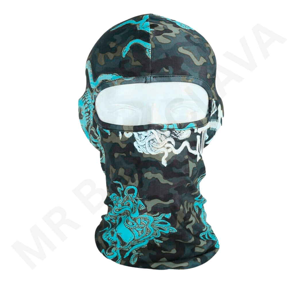 Camouflage sublimated balaclava with turquoise octopus design and full-face coverage