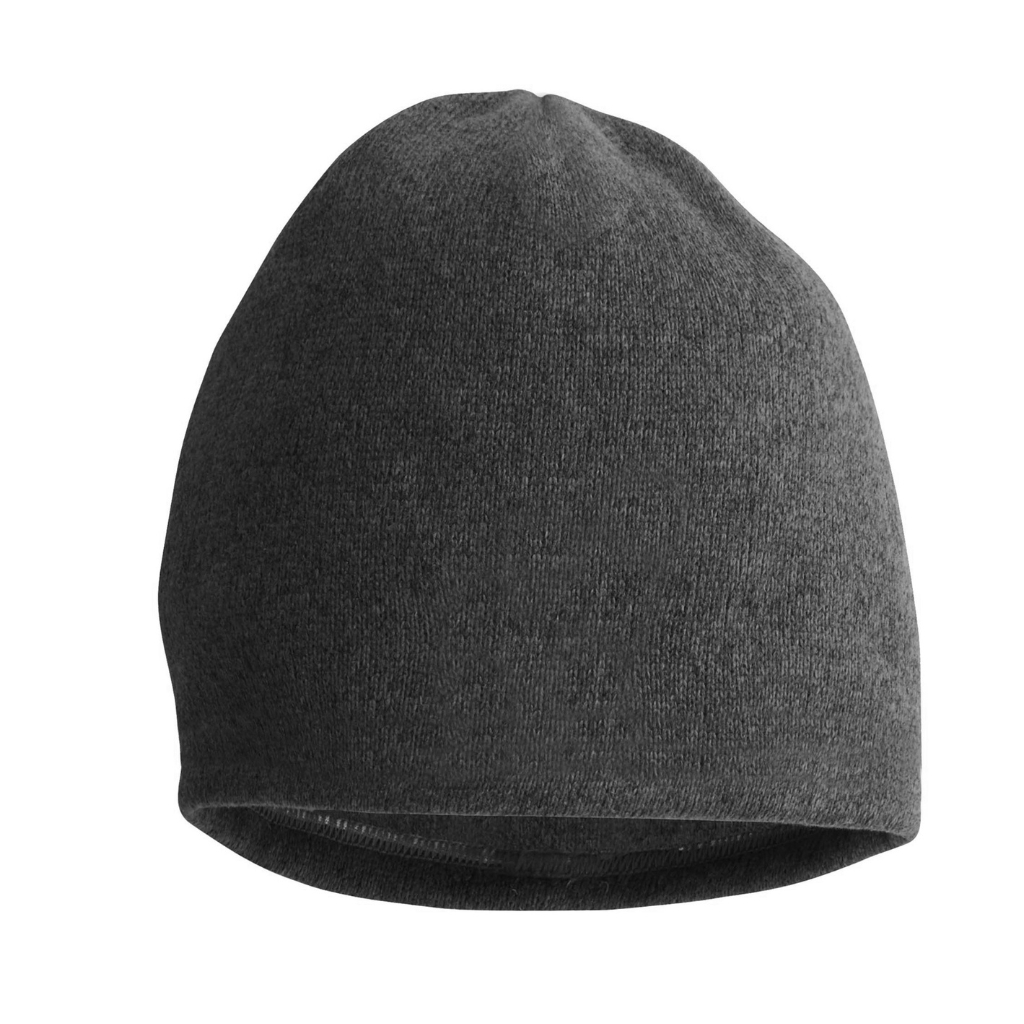 A plain, dark gray knit skull cap beanie with a rounded crown and folded brim, shown from a front-right angle against a white background.