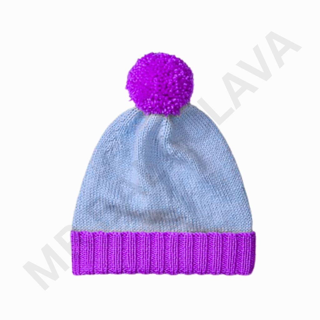 Light blue knit beanie with a bright magenta ribbed cuff and a matching magenta pom-pom on top.