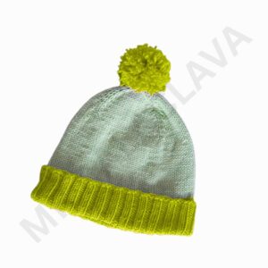 Light gray knit beanie with a bright yellow ribbed cuff and a neon yellow pom-pom on top.