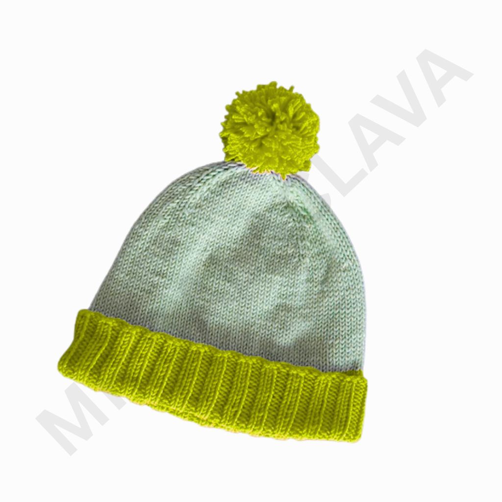 Light gray knit beanie with a bright yellow ribbed cuff and a neon yellow pom-pom on top.
