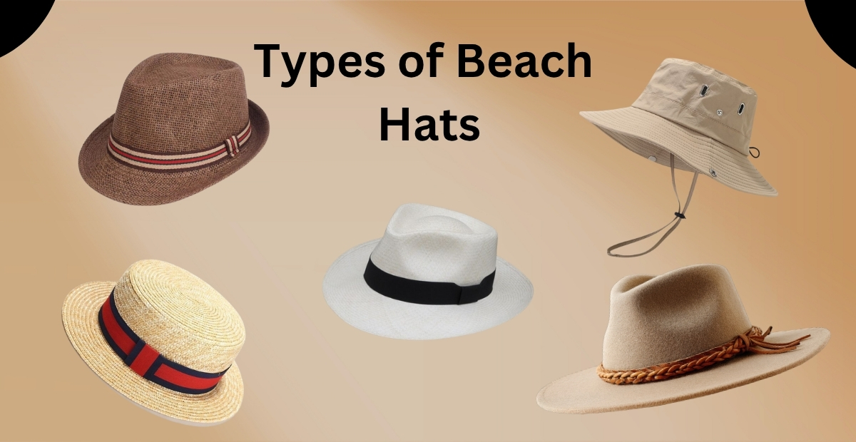 Collage aus sechs verschiedenen Strandhüten in warmen Farbtönen: ein brauner Fedora, ein beiger Bucket Hat, ein weißer Fedora mit schwarzem Band, ein heller Strohhut mit rot-marineblauem Band, ein hellbrauner Cowboyhut mit geflochtenem Band und ein hellbeiger Hut mit geflochtenem Lederband; oben steht der Text „Arten von Strandhüten”.