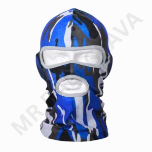 Blue camouflage balaclava with built-in eye shield and mouth hole.