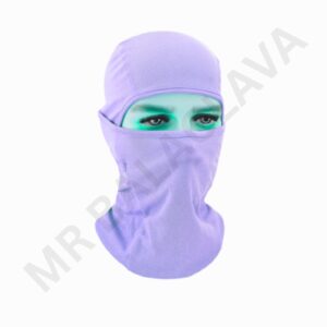 Lavender purple balaclava covering head, neck, and lower face with eye/eyelid area exposed.