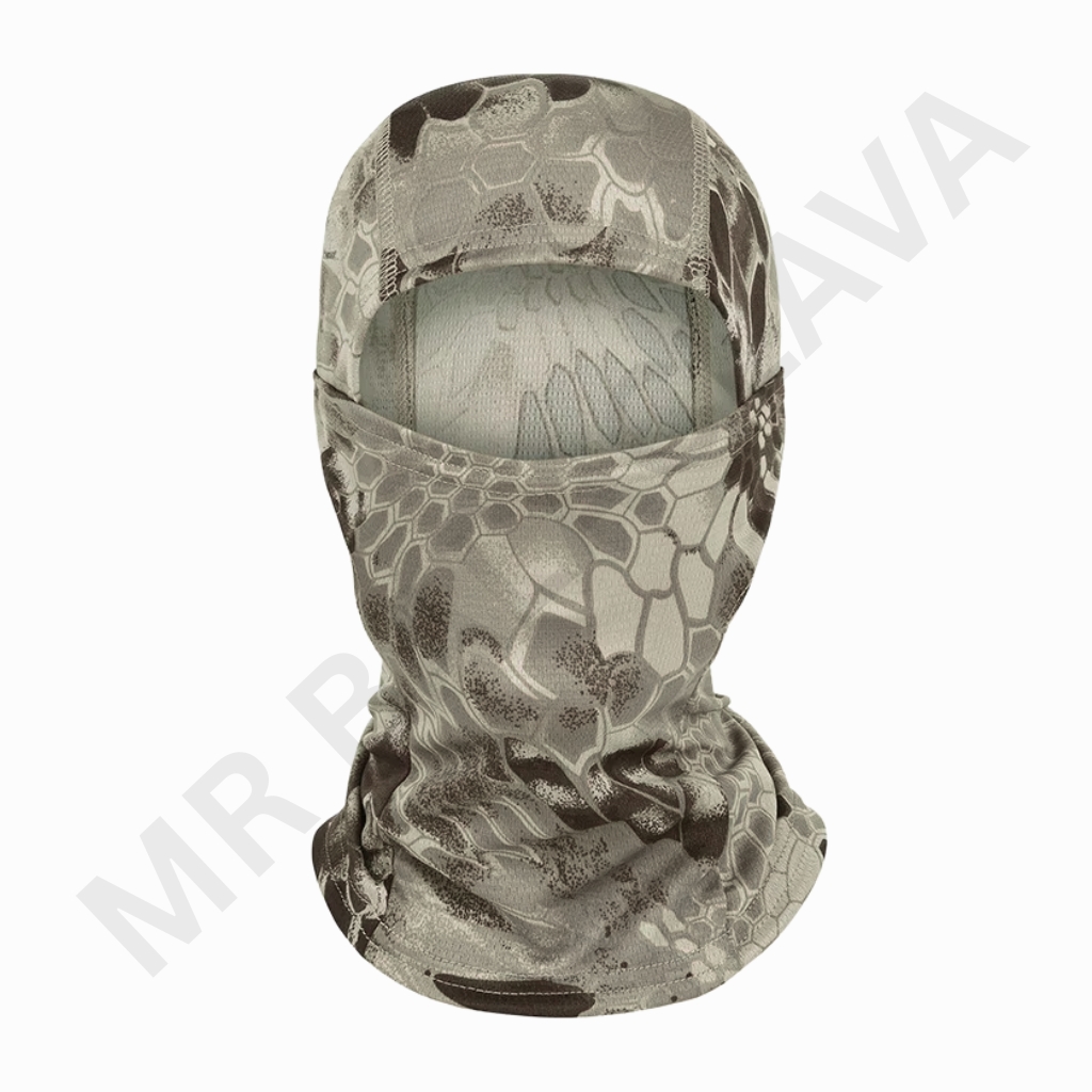 Full-face balaclava with a snake-skin camouflage pattern in beige and brown tones, providing head and neck coverage with an opening for the eyes.