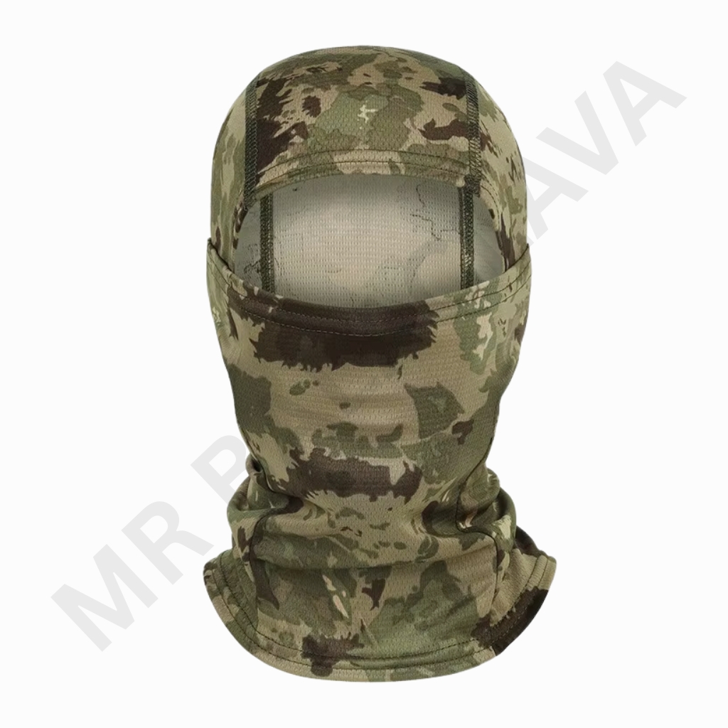 Full-face balaclava in a woodland camouflage pattern with a mesh or breathable panel at the eye area for visibility.