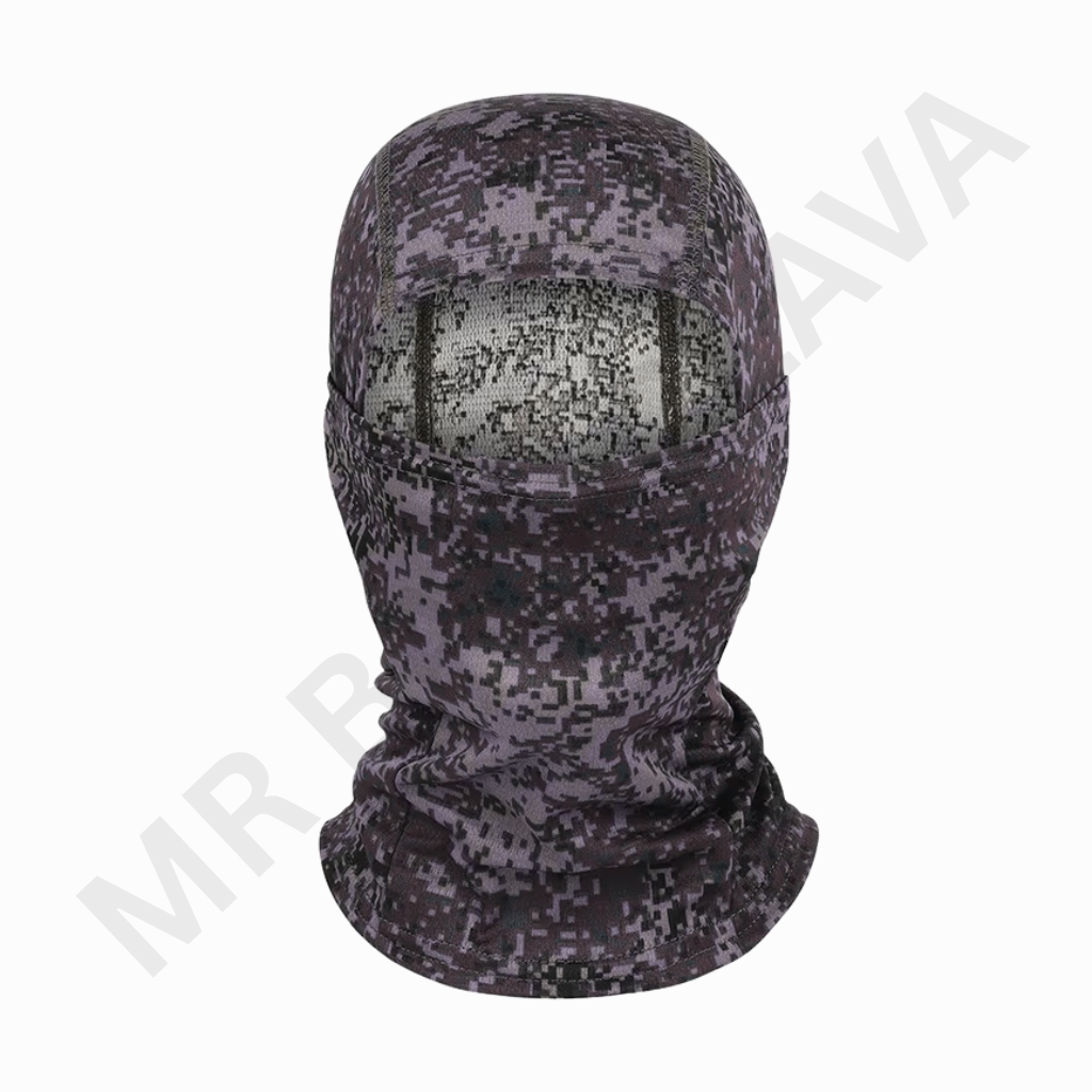 Full-face balaclava in a purple-gray digital camouflage pattern with an eye slit and neck coverage.