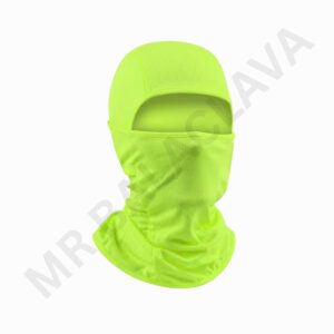 Neon yellow-green knitted balaclava covering head and neck with eye opening at the top for visibility.